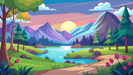 Vector art of a serene cartoon landscape featuring majestic mountains, a shimmering lake, and a vibrant sunset casting warm hues across the sky © Design one