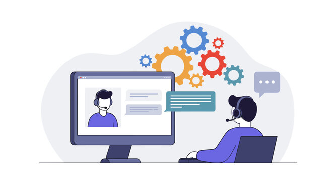 Online customer support representative working with headset and computer in modern office