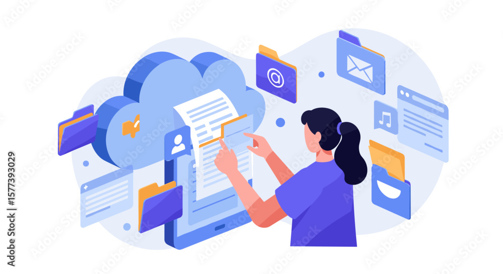 Poster cloud data management concept with user organizing digital files