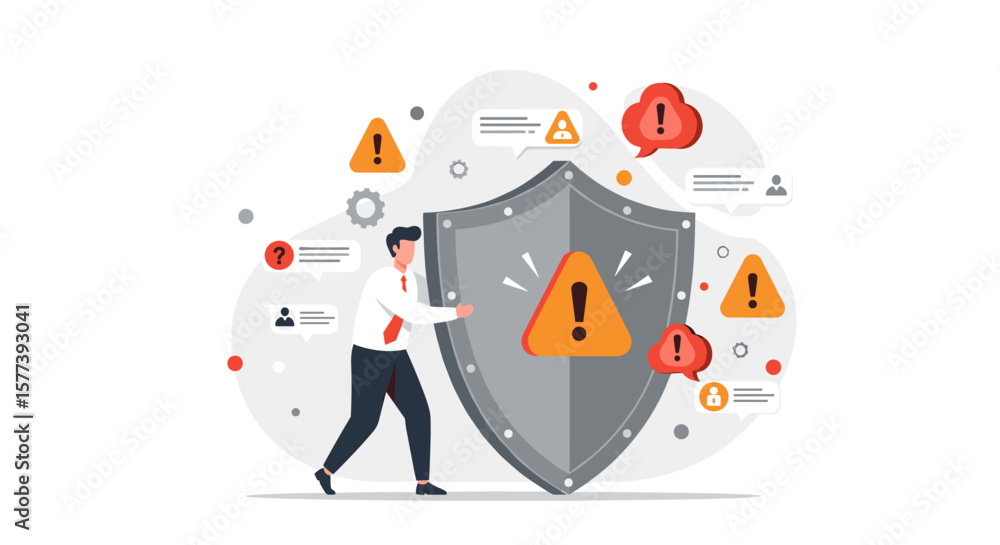Poster cyber security concept with shield icons and alert symbols in modern flat style
