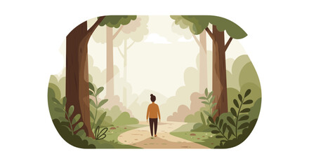 Nature walk: person strolling through a peaceful forest path in minimalist art style