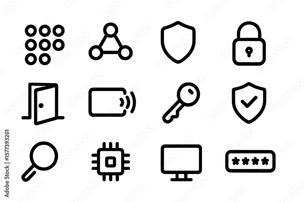 Poster black linear security icons set on dark background featuring lock, shield, key, and tech elements