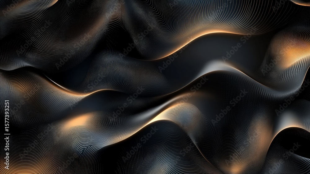 Poster Dark abstract waves flow with an elegant shimmering golden texture, creating a sleek and modern background with depth and dynamic movement.