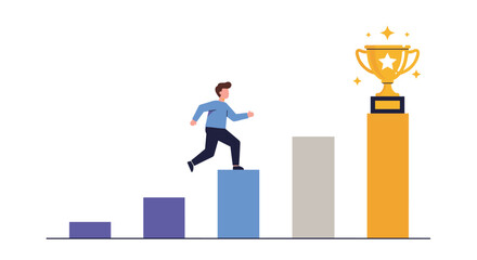 Achieving success: businessman climbing bar chart to reach golden trophy