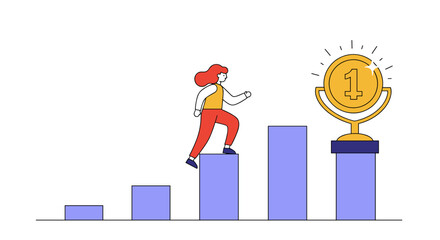 Woman climbing bar chart to success with trophy on top in flat style