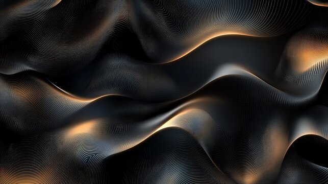 Dark abstract waves flow with an elegant shimmering golden texture, creating a sleek and modern background with depth and dynamic movement.