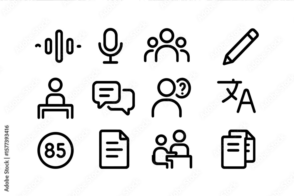 Poster communication and translation icons in linear style