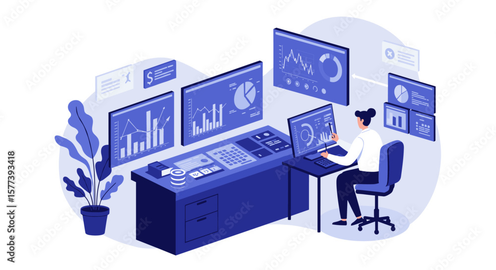 Poster data analysis workspace with multiple screens and analytics in modern office setting