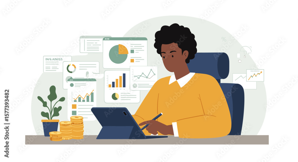 Poster finance professional analyzing data on tablet with charts and coins in modern workspace