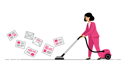Businesswoman vacuuming paperwork in modern flat design