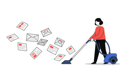 Woman vacuuming emails and documents in modern minimalistic art