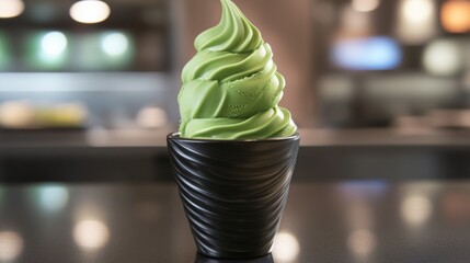Creamy Green Matcha Ice Cream in Elegant Black Cup on Counter