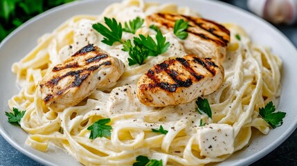 Creamy Fettuccine Alfredo with Grilled Chicken and Fresh Herbs