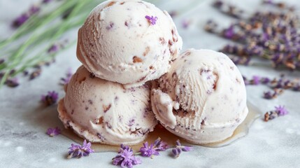 Creamy Lavender Honey Ice Cream Scoops with Lavender Flowers