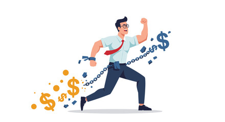 Businessman breaking free from financial chains with determination and success