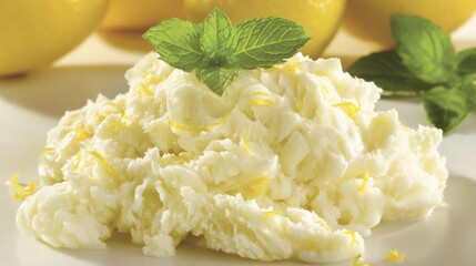 Creamy Lemon Zest Sorbet Garnished with Fresh Mint Leaves