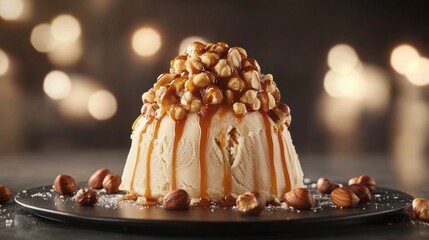 Creamy Hazelnut Praline Gelato with Caramel Drizzle and Nuts