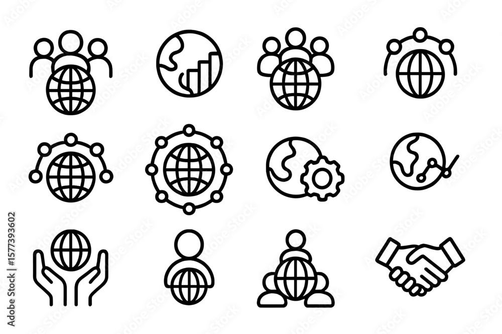 Poster global connection and teamwork icons in minimal line style