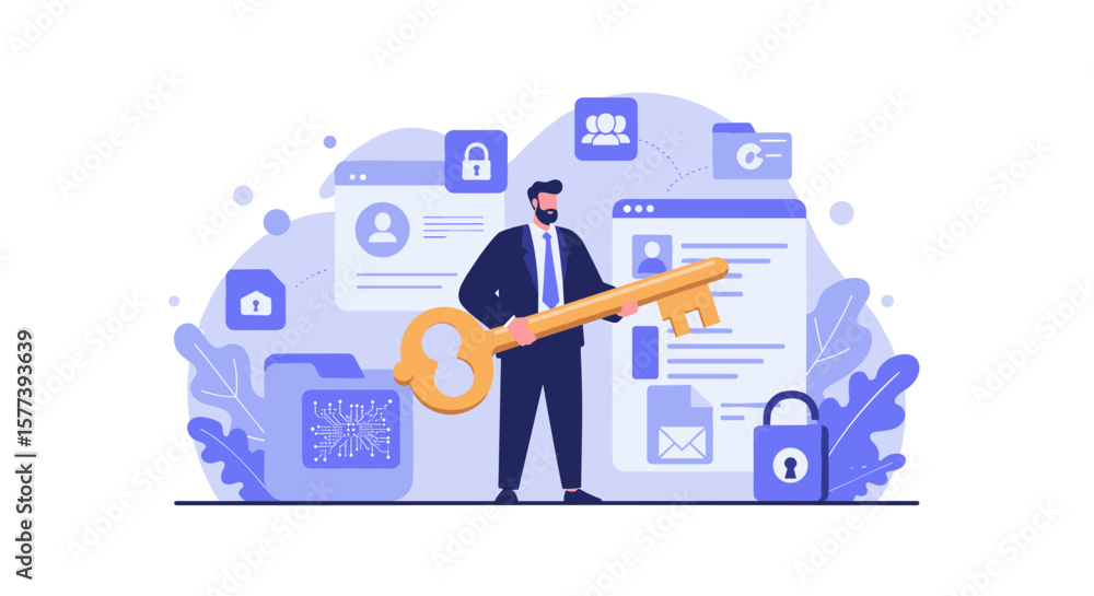 Poster secure access concept with businessman holding key in modern flat design