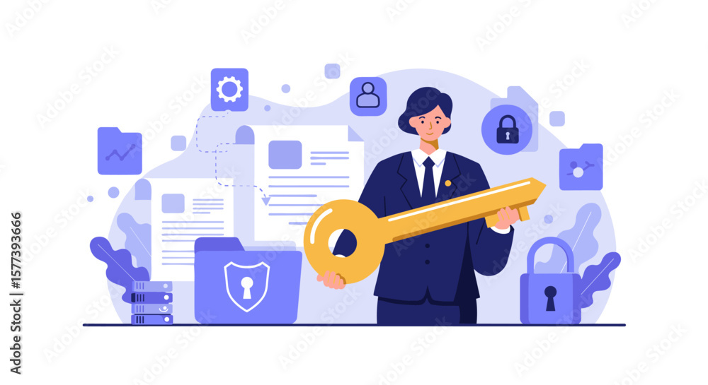 Poster businessman holding key to secure digital data with icons in background