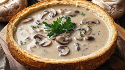 Creamy Mushroom Soup Served in a Edible Bread Bowl with Parsley