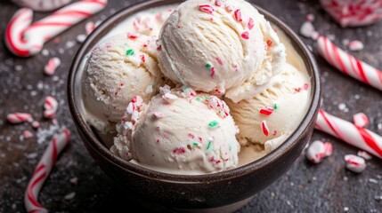 Creamy Peppermint Stick Ice Cream in Dark Bowl with Candy Accents