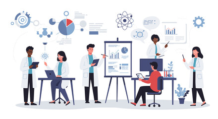 Innovative teamwork in scientific research and data analysis in a modern office