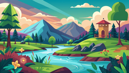Obraz premium Vector art of a colorful cartoon landscape with mountains, a winding river, trees, and a charming tower on a green hillside