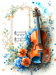 violin with notes surrounded by decorative floral elements and watercolor splashes, space for text