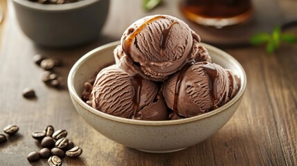 Creamy Roasted Coffee Ice Cream Scoops in a Bowl with Drizzle