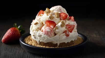Creamy Strawberry Cheesecake Ice Cream Dessert on Dark Background