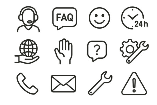 Customer support icons: outline style with communication and service symbols