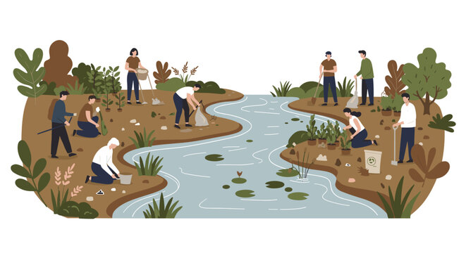 Community river cleanup with volunteers collecting trash and planting trees in nature - Powered by Adobe
