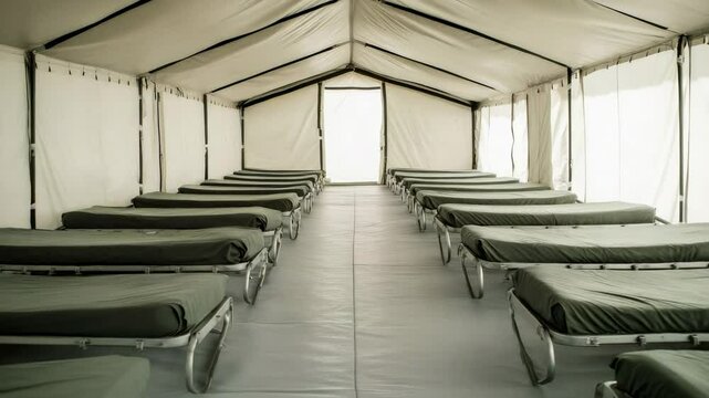 Green canvas cots lined in orderly rows, waiting inside spacious military medical tent, signaling emergency response readiness for potential mass casualty scenario