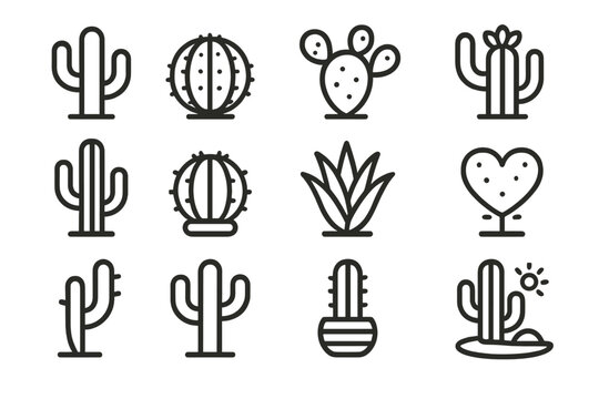 Minimalist linear cactus collection on wooden background for desert and nature design