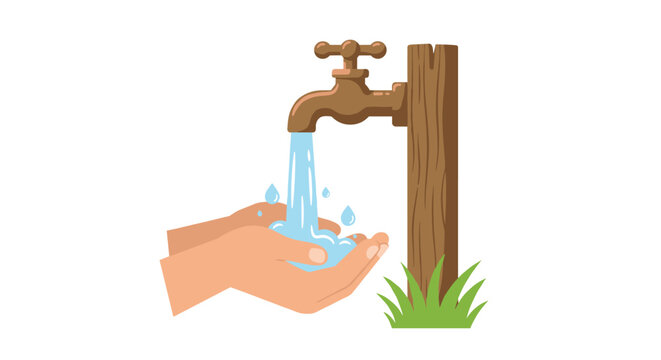 Hands collecting water from wooden outdoor faucet illustration of sustainability