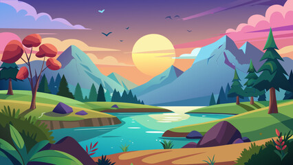 Vector art of a vibrant cartoon landscape featuring mountains, a calm river, lush greenery, and a colorful sunset sky with birds