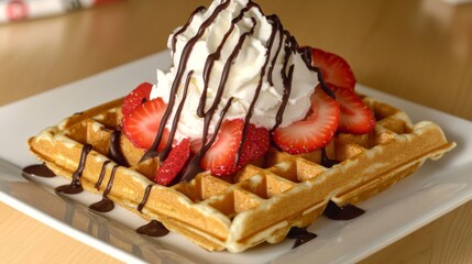 Crispy Golden Belgian Waffle with Strawberry and Whipped Cream Topping