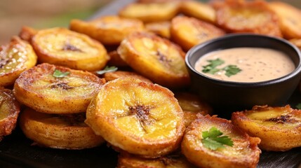 Crispy Fried Plantains Served with Dip on a Wooden Plate