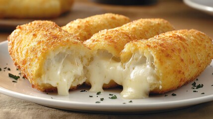 Crispy Golden Croquettes with Melted Cheese on a White Plate
