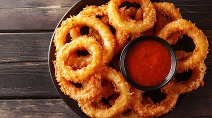 Crispy Golden Brown Onion Rings with Dipping Sauce on Rustic Table