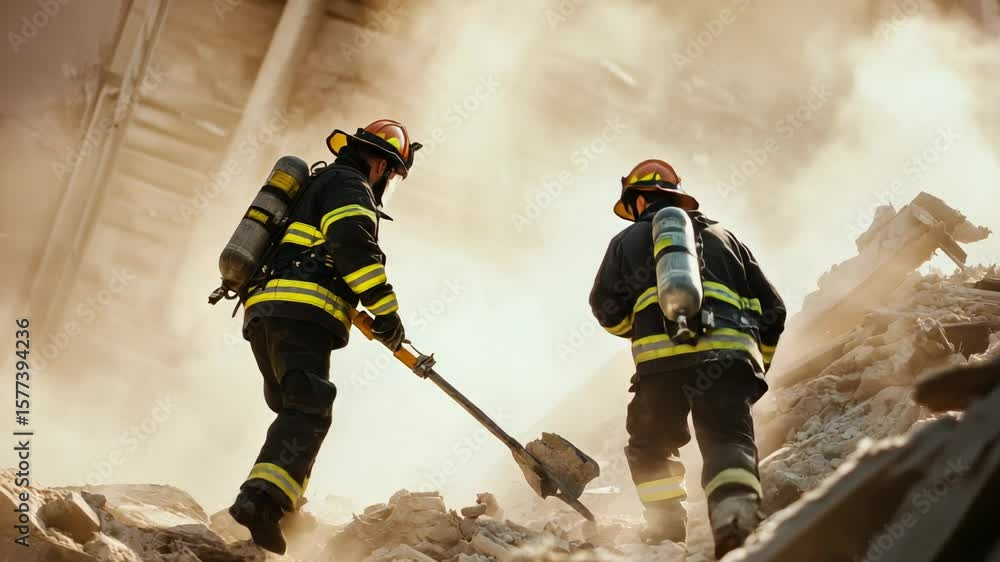 Poster firefighter team scaling massive concrete debris field. searching methodically through earthquake de