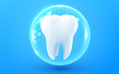 3d realistic vector healthy glowing tooth. Shield around white tooth. Dental care, protection and whitening. Vector illustration