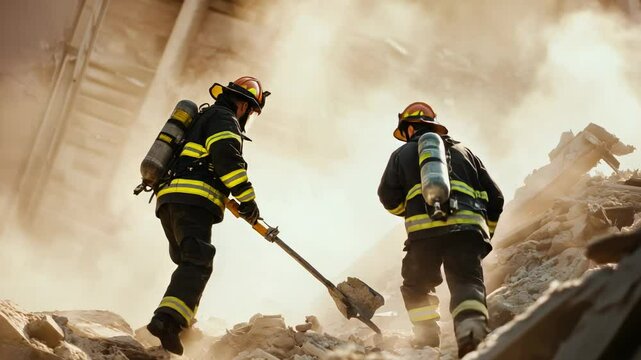 Firefighter team scaling massive concrete debris field. Searching methodically through earthquake destruction. Demonstrating professional rescue operations with determined hope amid urban devastation