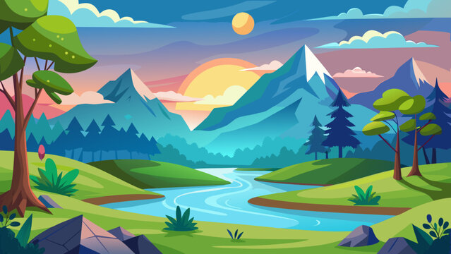 Vector art of a vibrant cartoon landscape showcasing majestic mountains, a winding river, and verdant hills under a colorful sky, evoking a sense of tranquility