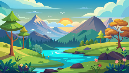 Obraz premium Vector art of a picturesque cartoon landscape presents mountains, a winding river, and lush trees under a bright sun and fluffy clouds