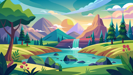 Vector art of a scenic cartoon landscape showcases mountains, a waterfallfed river, and lush trees under a bright sun and pastel sky