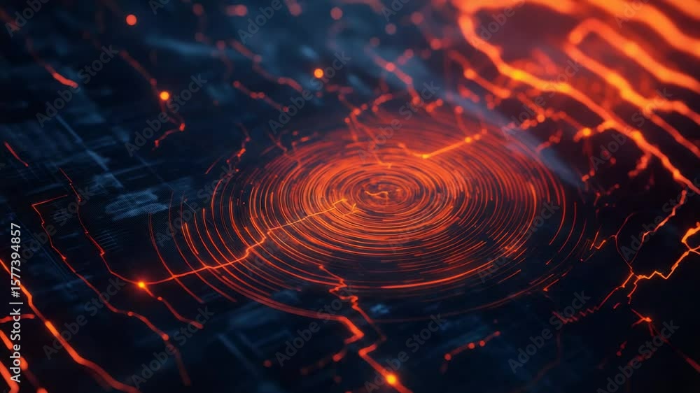 Poster seismic waves radiating in vibrant orange spread dynamically across dark surface, visualizing powerf