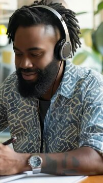 An individual wearing headphones is working at desk. He is focused, with pens in hand, possibly taking notes while using laptop. The scene is set amongst indoor plants, creating warm, productive