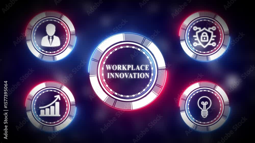 Poster futuristic workplace graphic displaying tech and information visualization on a dark blue background